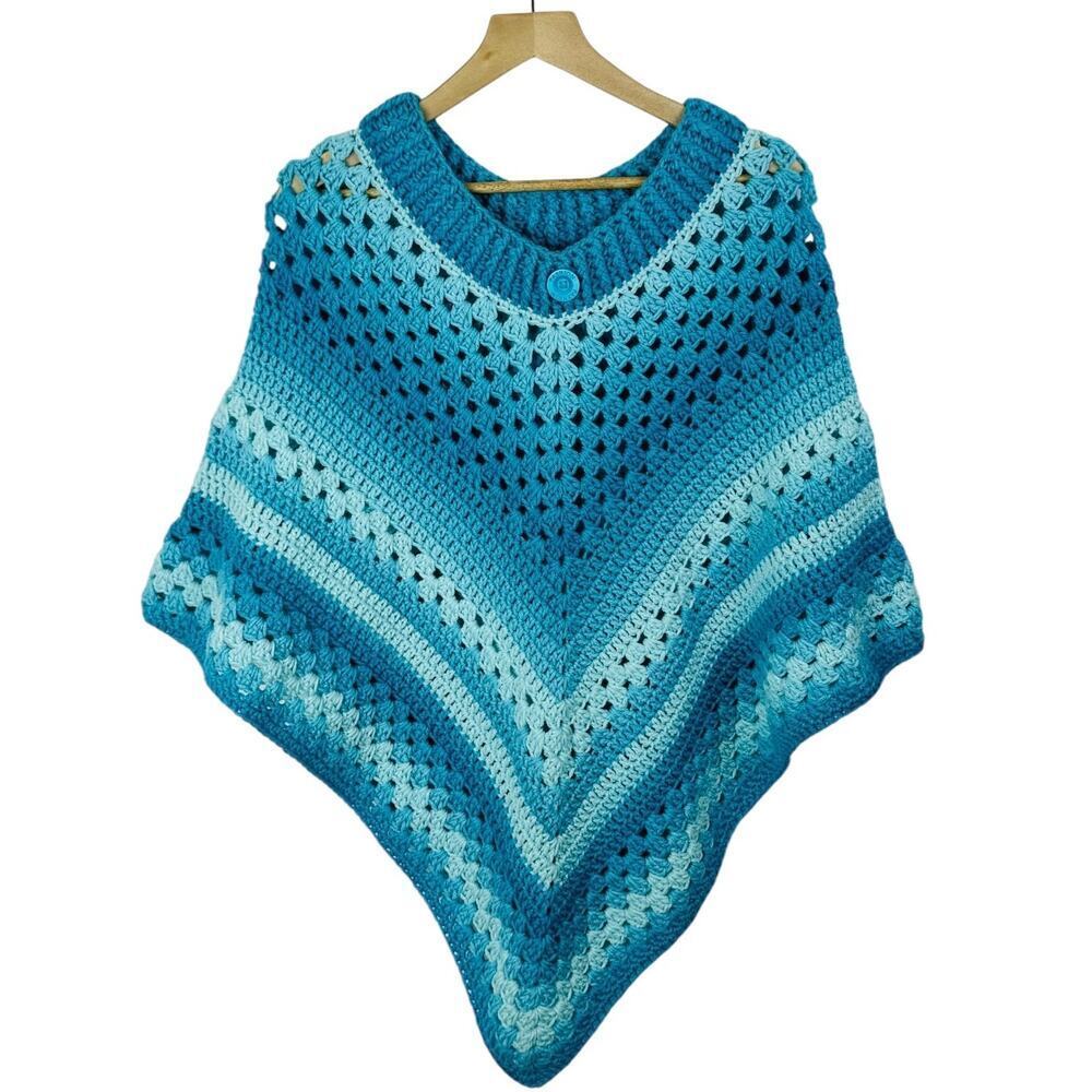 Handmade Crochet Knit Striped V-Neck Pullover Poncho Blue White Chevron One Size